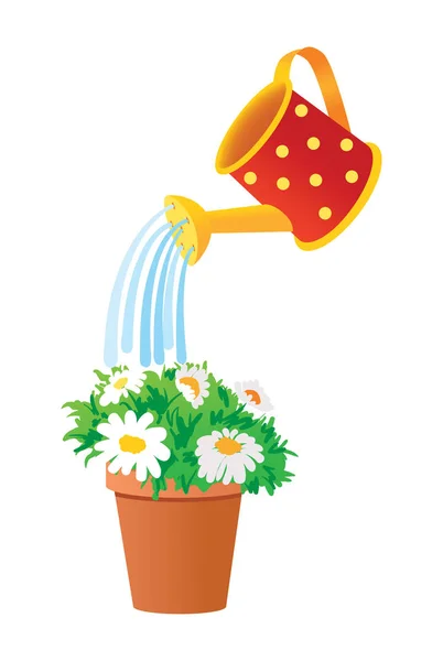 Watering can waters flowers in a pot — Stock Vector