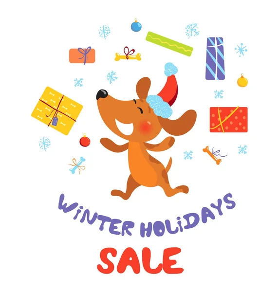 Χειμώνα πανό "πώληση" διακοπές με το σκύλο στο Santa καπέλο — Διανυσματικό Αρχείο