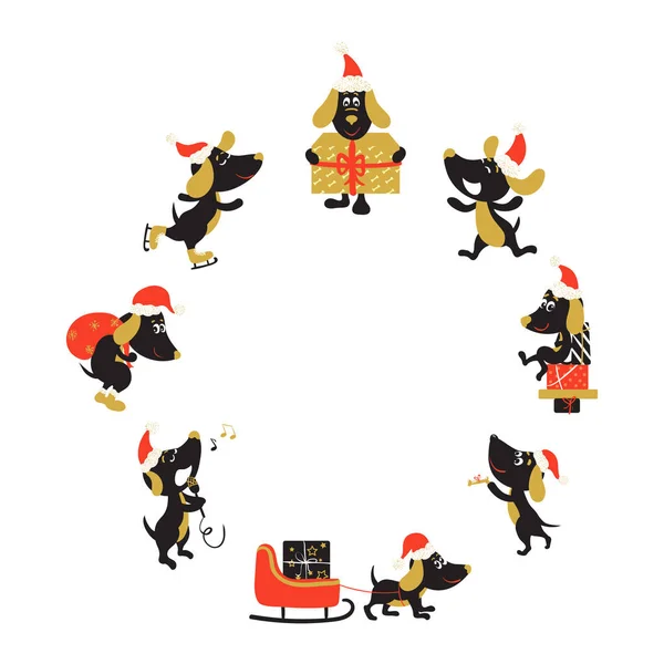 Komik köpekler Noel şapka ile yuvarlak çerçeve