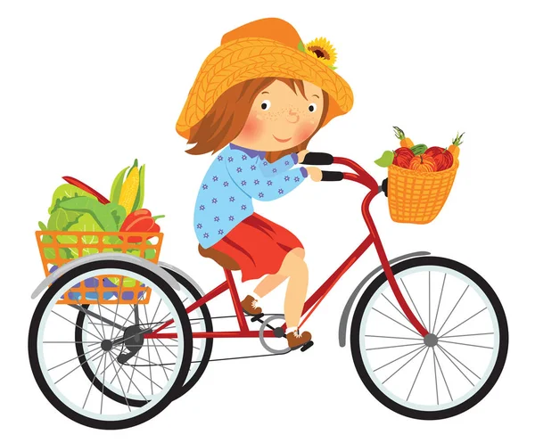 Cartoon boer meisje op een fiets met vruchten — Stockvector