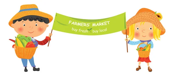 Rajzfilm farmer lány és fiú, banner — Stock Vector
