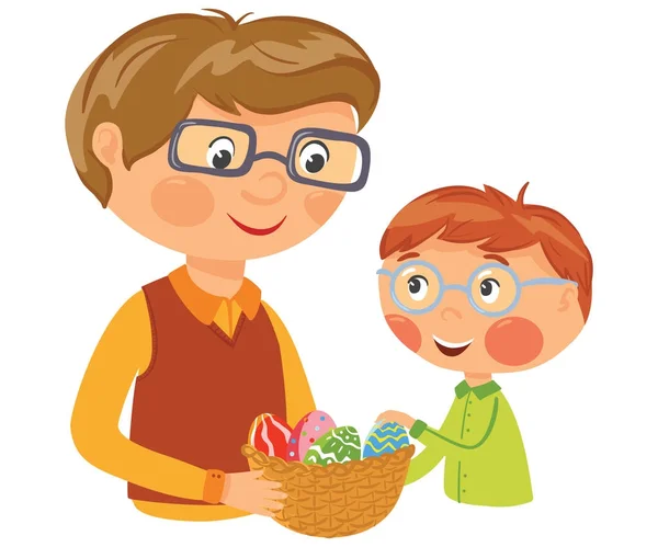 Family preparing basket with eggs for Easter — Stock Vector