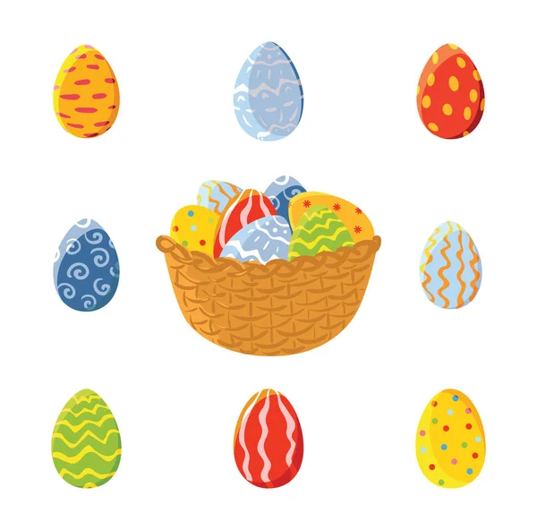 Basket and set of easter eggs, vector — Stock Vector