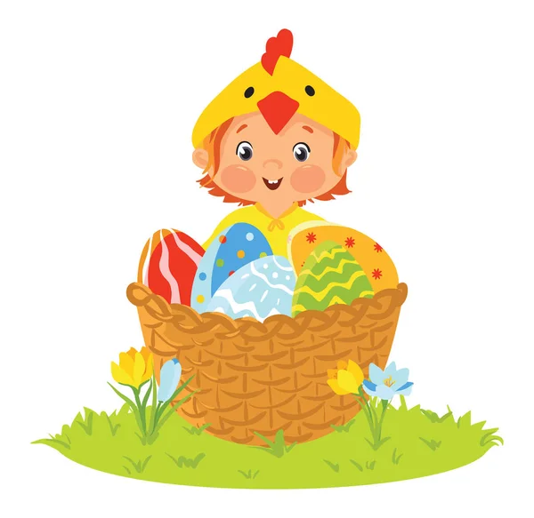 Дитина в костюмі пташеняти в кошику з яйцями — стоковий вектор