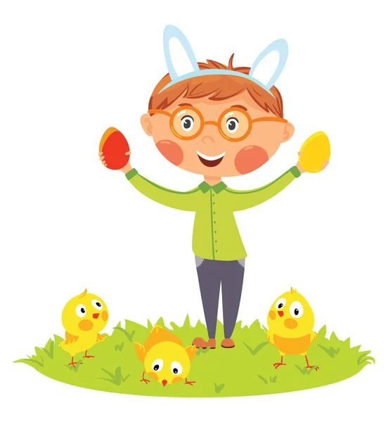 Enfants de Pâques dans des oreilles de lapin avec des œufs et des poussins — Image vectorielle