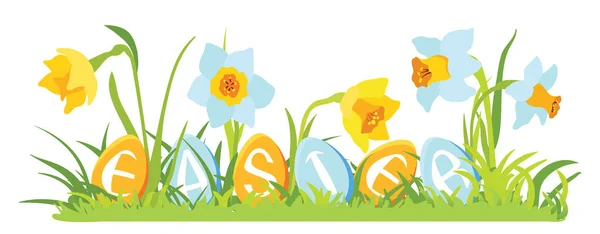 Herbe et fleurs aux œufs décoratifs — Image vectorielle