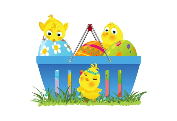 Nákupní košík s velikonoční vajíčka a kuřata — Stockový vektor