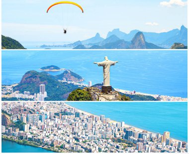 Rio de Janeiro 'nun İsa' nın kurtuluşu ve Corcovado Dağı, Copacabana plajı manzarasından esinlenerek yapılan yaratıcı kolaj..