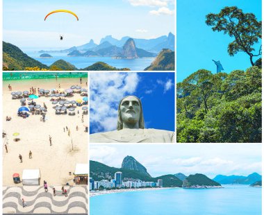 Rio de Janeiro 'nun İsa' nın kurtuluşu ve Corcovado Dağı, Copacabana plajı manzarasından esinlenerek yapılan yaratıcı kolaj..