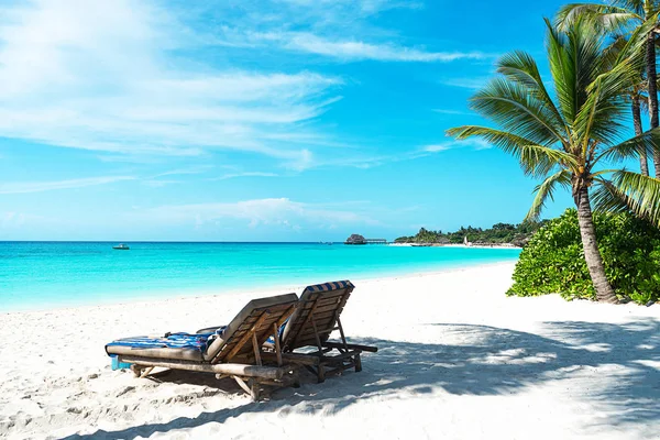 Maldivler 'deki kumlu sahilde güneşli güzel bir günün panoramik manzarası. — Stok fotoğraf