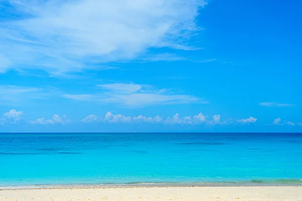 Maldivler 'deki kumlu sahilde güneşli güzel bir günün panoramik manzarası. — Stok fotoğraf