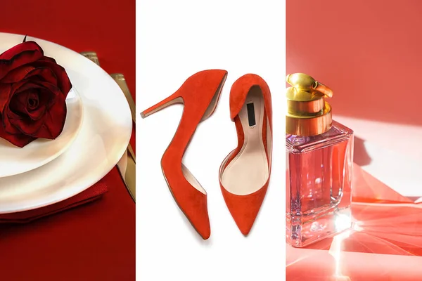 Valentines Day fashion layout dengan aksesoris perempuan pada klasik merah dan putih latar belakang . — Stok Foto
