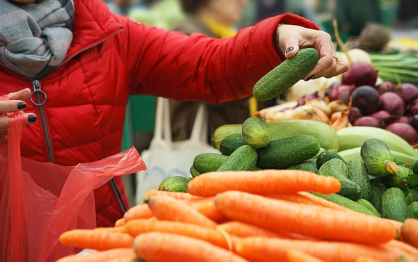 Friss és bio gyümölcsök és zöldségek értékesítése a zöldpiacon vagy a mezőgazdasági termelők piacán. — Stock Fotó