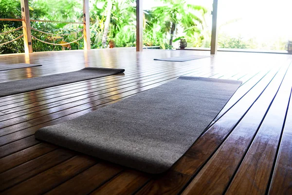 Açık tropikal yoga stüdyosu manzaralı güzel bahçeli palmiye ağaçları ve okyanus manzaralı..