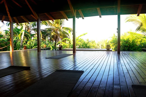 Açık tropikal yoga stüdyosu manzaralı güzel bahçeli palmiye ağaçları ve okyanus manzaralı..