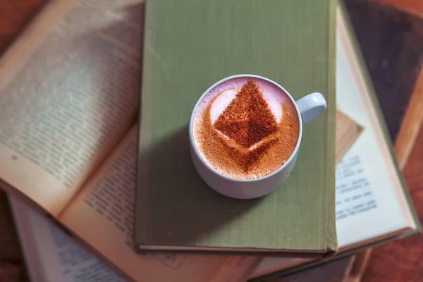 Tasse Latte Oder Cappuccino Mit Buch Café — Stockfoto