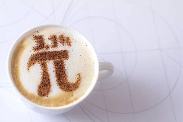 hot cappuccino coffee with number Pi latte art in a ceramic cup