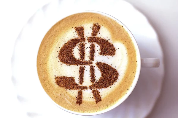 Tasse Café Cappuccino Avec Une Image Signe Dollar Cannelle Sur — Photo