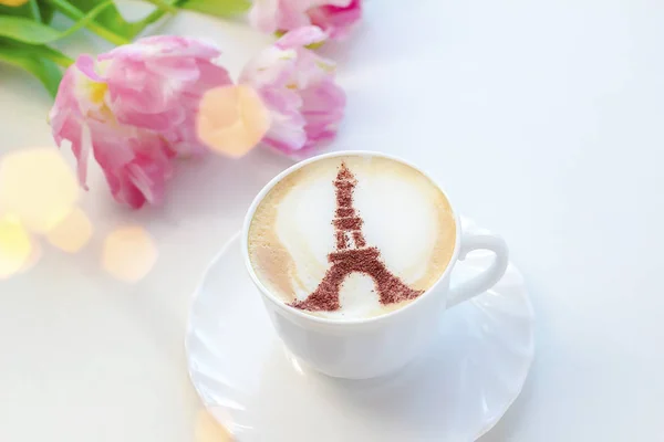 Coffee Cappuccino White Cup Cinnamon Eiffel Tower Pattern White Foam — Stock Photo, Image