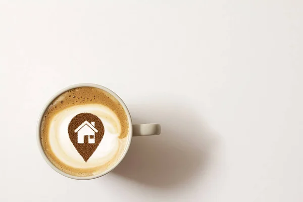 Een Kop Cappuccino Koffie Met Een Foto Van Locatie Van — Stockfoto