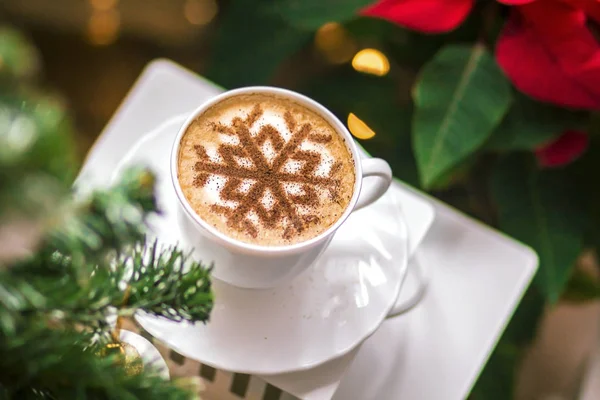 Cappuccino Snowflake Latte Art Milk Foam Christmas Holidays — Stock Photo, Image