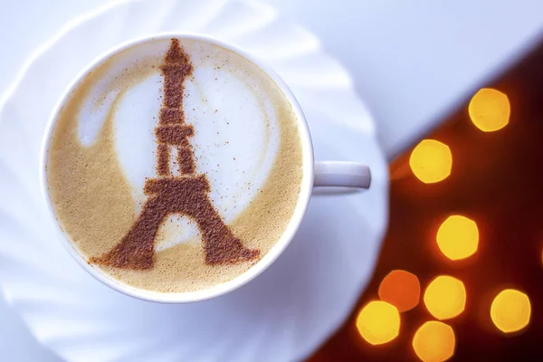 Coffee Cappuccino White Cup Cinnamon Eiffel Tower Pattern White Foam — Stock Photo, Image