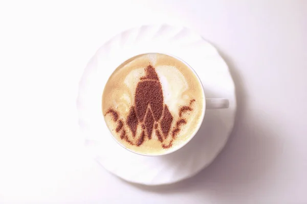 Café Cappuccino Quente Com Arte Latte Nave Espacial Copo Branco — Fotografia de Stock