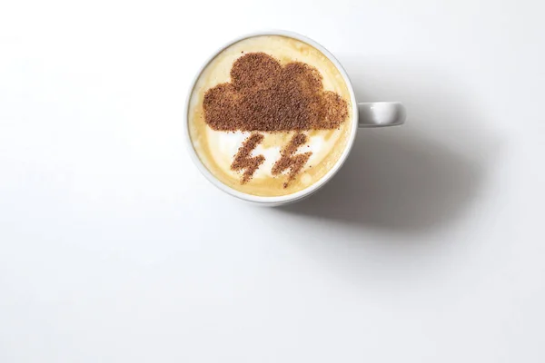 Heißer Cappuccino Kaffee Mit Gewitterwolken Latte Art Weißer Tasse — Stockfoto