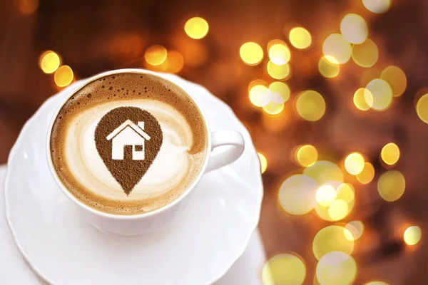 Een Kop Cappuccino Koffie Met Een Foto Van Locatie Van — Stockfoto