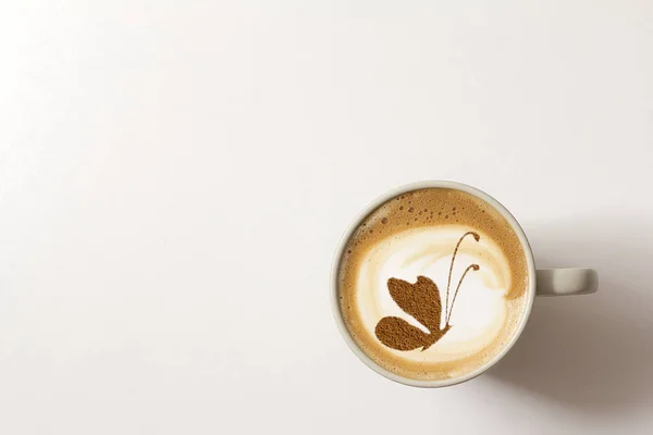 Vue Dessus Café Chaud Avec Cappuccino Papillon Latte Art — Photo