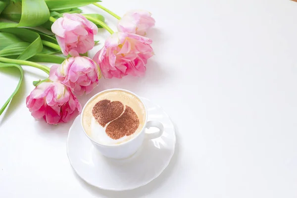 Varmt Kaffe Cappuccino Med Latte Konst Två Hjärtan Blomkål Stockbild