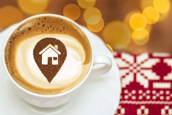 Egy Csésze Cappuccino Kávé Egy Képet Helyét Ház Tejhab — Stock Fotó