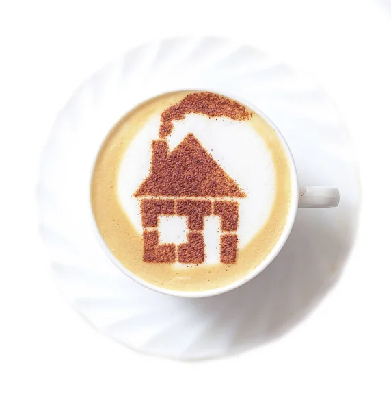 Egy Csésze Cappuccino Kávé Ház Képével Tejhabbal — Stock Fotó