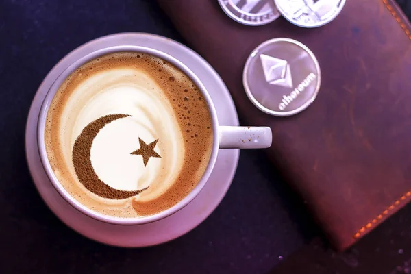 Κάτοψη Του Ζεστού Καφέ Καπουτσίνο Latte Art Κεραμικό Ποτήρι — Φωτογραφία Αρχείου