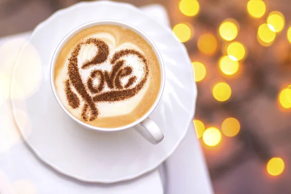 Hot Coffee Cappuccino Latte Art Romantic Heart Love Lettering — Stock Photo, Image
