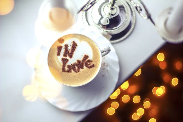 Cappuccino Café Chaud Avec Latte Art Cœur Romantique Dans Amour — Photo