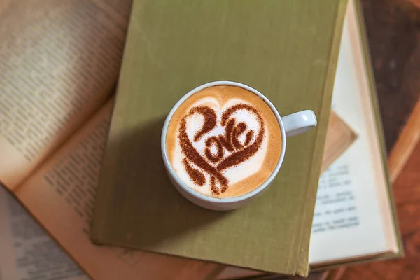 Tasse Latte Oder Cappuccino Mit Buch Café — Stockfoto