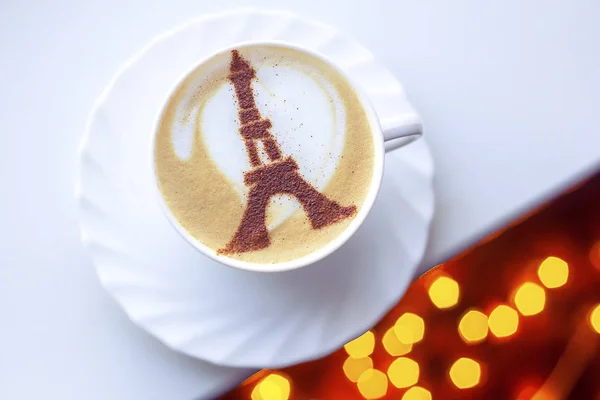 Coffee Cappuccino White Cup Cinnamon Eiffel Tower Pattern White Foam — Stock Photo, Image