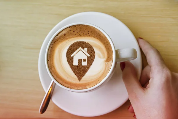 Egy Csésze Cappuccino Kávé Egy Képet Helyét Ház Tejhab — Stock Fotó