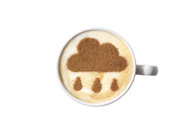 Sıcak cappuccino kahve, beyaz bardakta yağışlı bulutlu latte sanatı.