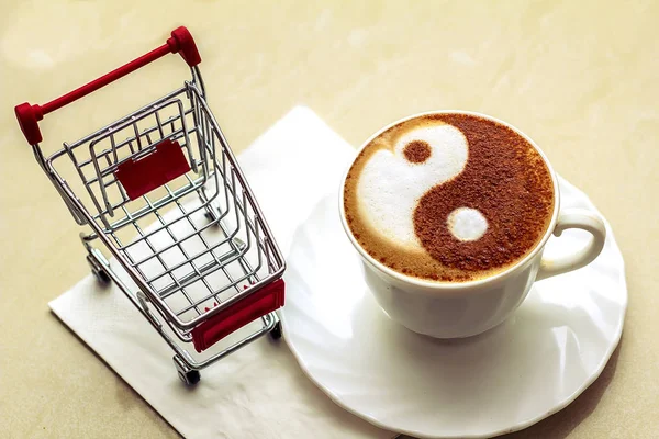 Top View Hot Coffee Cappuccino Latte Art Ceramic Glass — ストック写真