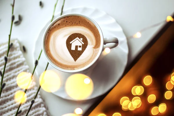 Een Kop Cappuccino Koffie Met Een Foto Van Locatie Van — Stockfoto