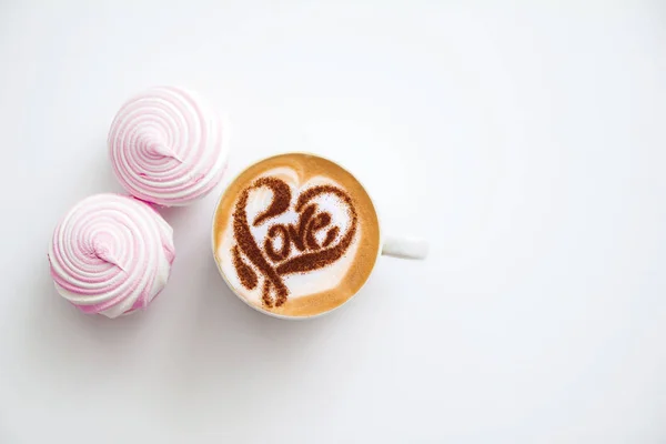 Cappuccino White Cup Sweet Pink Marshmallows — Stock Photo, Image