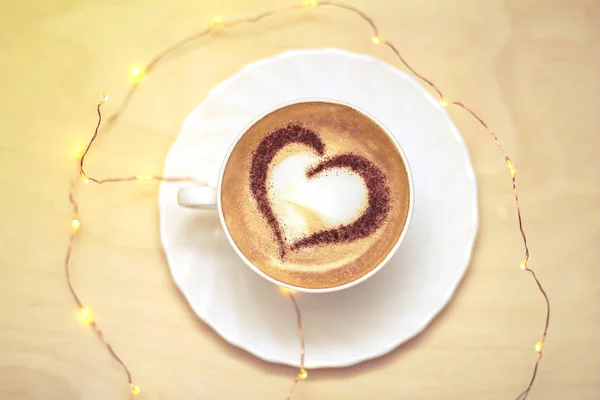 Hot Coffee Cappuccino Latte Art Romantic Heart — Stock Photo, Image