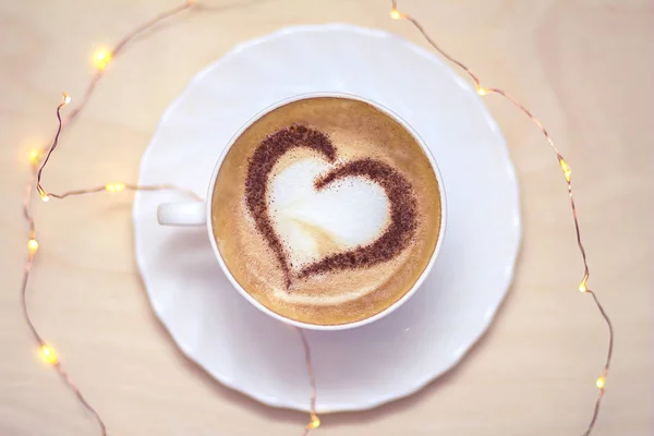 Hot Coffee Cappuccino Latte Art Romantic Heart — Stock Photo, Image