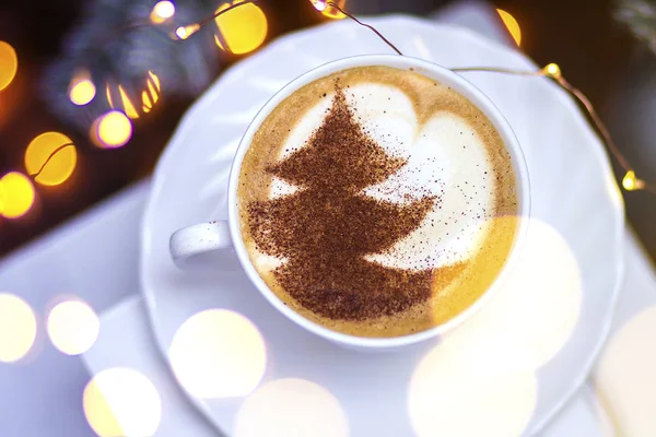 Christmas Tree Drawing Latte Art Coffee Cup — Stock Photo, Image