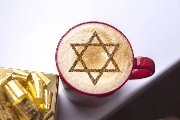 Una Taza Café Israel Capuchino Con Una Foto Estrella David — Foto de Stock