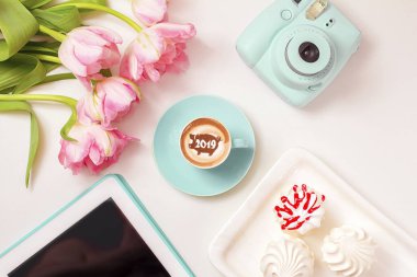 Süt köpüklü 2019 domuz sembolü olan bir fincanda kahve kapuçino. Domuz, Çin takviminde 2019 yılının bir sembolüdür..