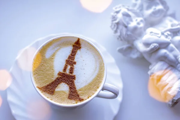 Coffee Cappuccino White Cup Cinnamon Eiffel Tower Pattern White Foam — Stock Photo, Image