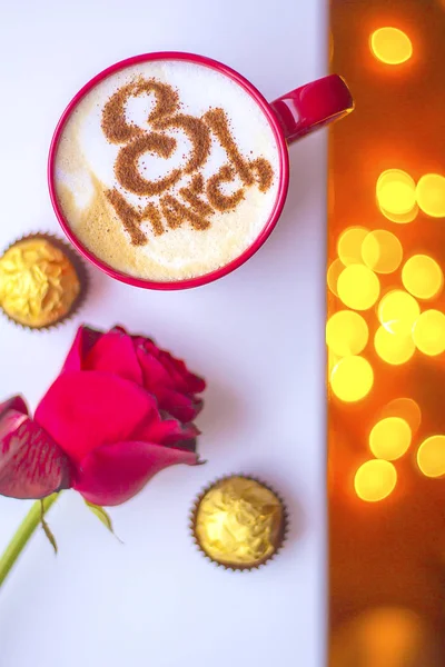 Ovanifrån Varmt Kaffe Cappuccino Latte Konst Ett Keramiskt Glas — Stockfoto